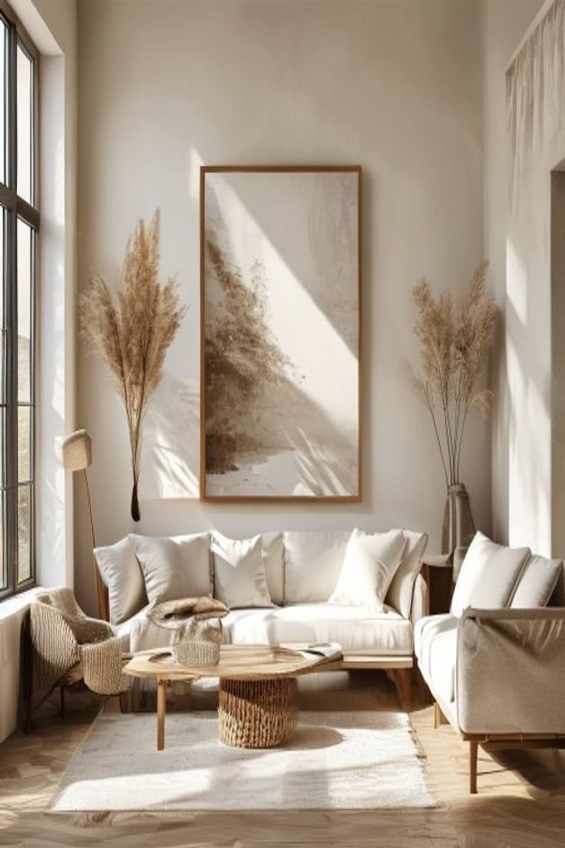 Editorial home photo for Leaning Art for Casual Elegance, natural light, realistic styling, no text overlay