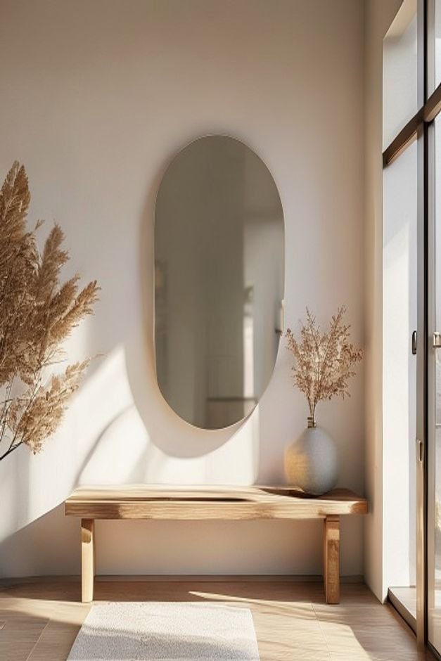 A bright minimalist entryway with a sleek large round mirror positioned over a simple wooden bench The mirror reflects a