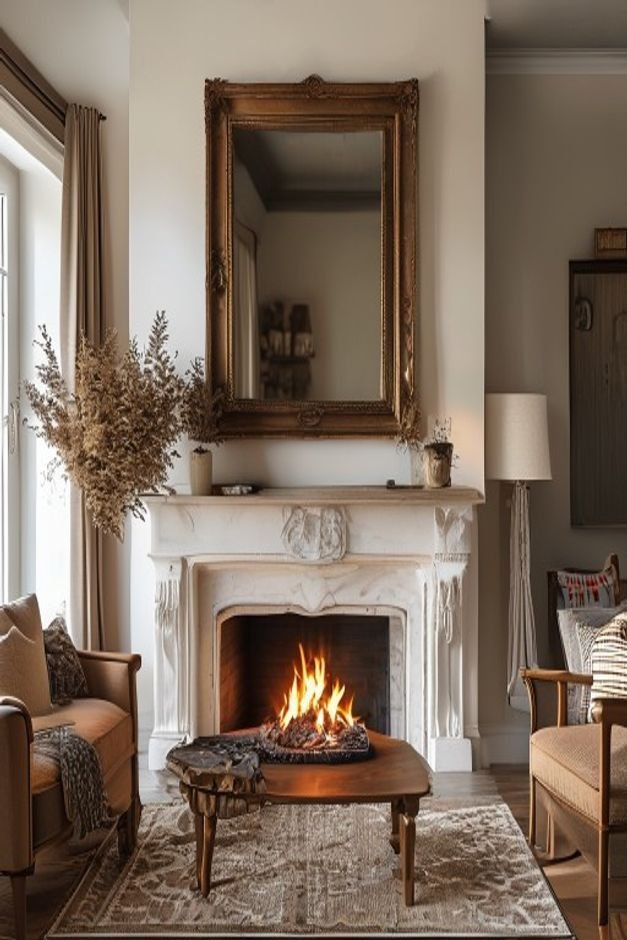 A cozy living room with a generously sized rectangular mirror hanging above a fireplace mantel The mirror s width is sli