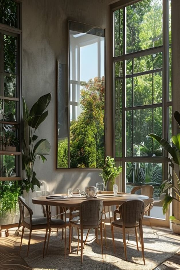 A dining room with a large tall mirror placed directly opposite a window reflecting the greenery of an outdoor garden an