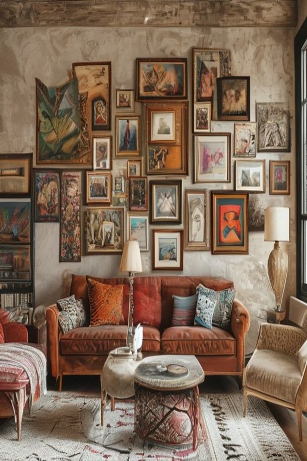 An eclectic gallery wall in a living space featuring a mix of framed art photographs and a medium-sized antique-style mi