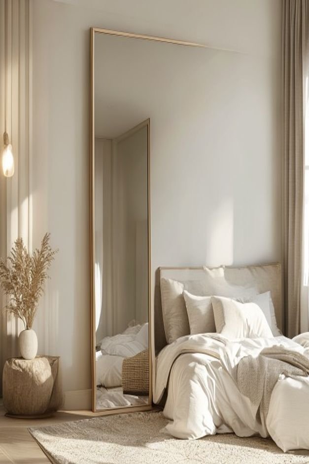 A spacious bedroom featuring an oversized full-length mirror leaning casually against a light-colored wall A comfortable