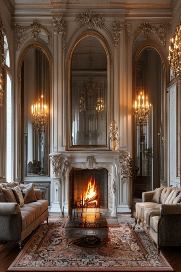 A classic living room with a grand fireplace flanked on either side by identical tall arched mirrors The mirrors perfect