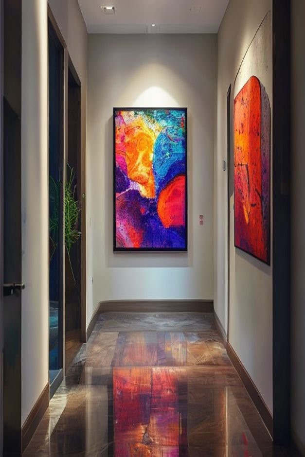 A hallway with a well-placed mirror reflecting a vibrant piece of abstract art hanging on the opposite wall The reflecti
