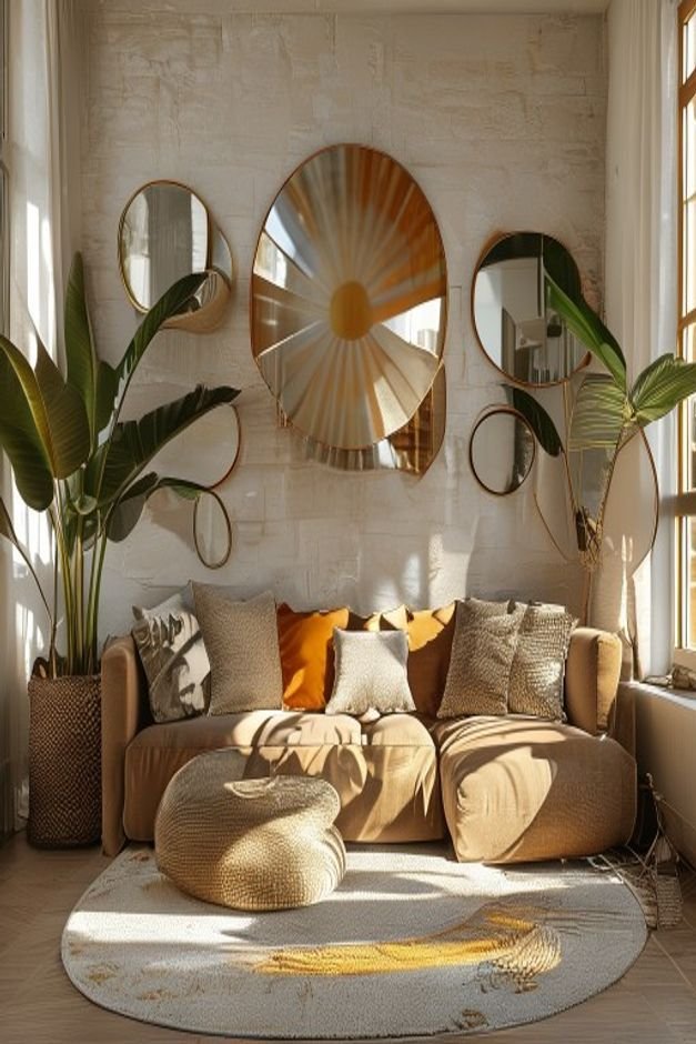 A cozy living room with a curated gallery wall composed of various mirrors a sunburst mirror a rectangular mirror with a