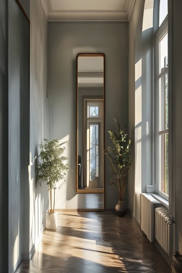 A narrow hallway with a large tall mirror positioned directly opposite a window effectively doubling the perceived light