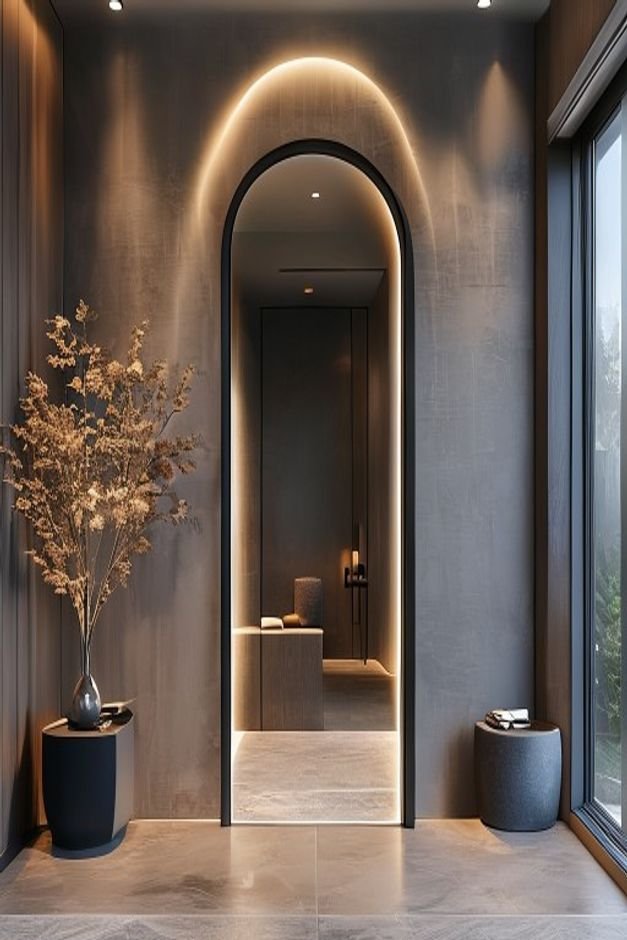 A modern entryway with a floor-to-ceiling mirror panel integrated into the wall creating the illusion of an expanded arc
