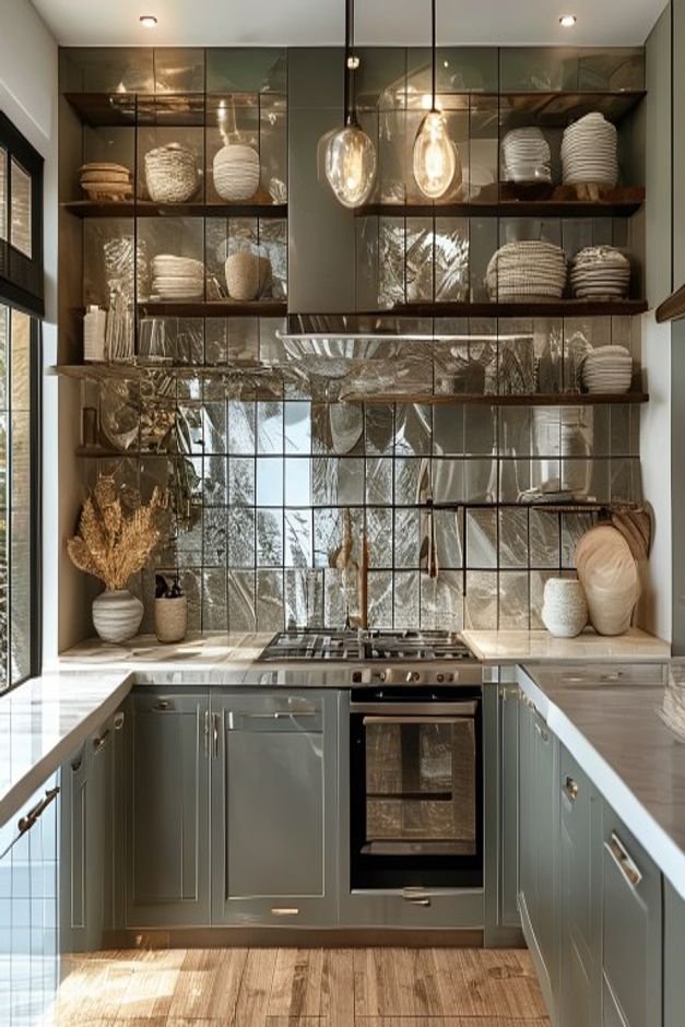 A stylish kitchen with a backsplash made of antique mirrored tiles subtly reflecting the open shelving and a few ceramic