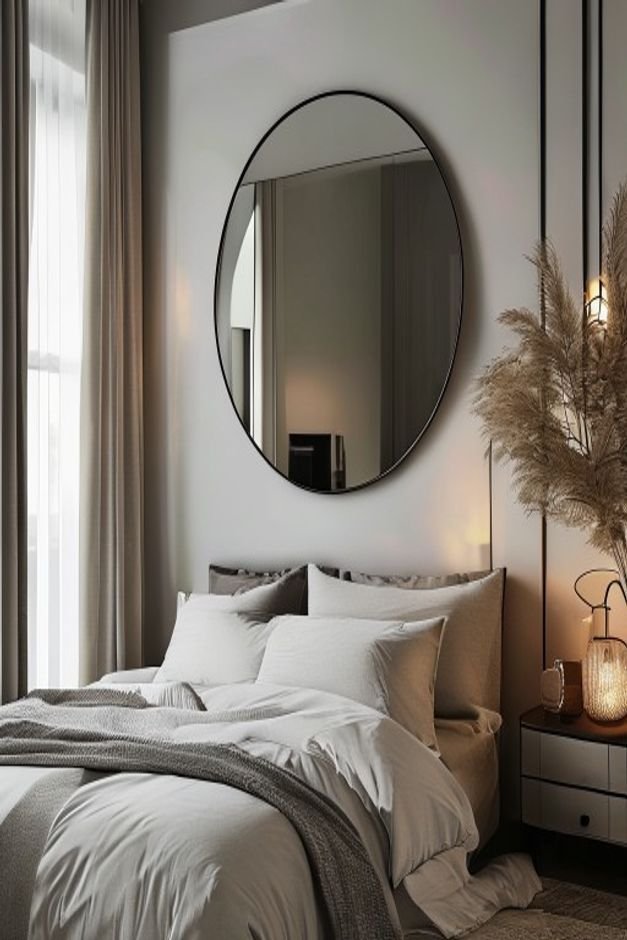 A sophisticated bedroom vignette featuring a large round mirror with a simple black frame layered over a piece of abstra