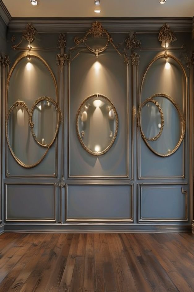 A hallway wall adorned with a symmetrical grouping of five identical small circular mirrors with thin brass frames They