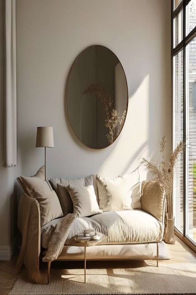 Editorial home photo for The Enduring Appeal of Mirror Wall Decor, natural light, realistic styling, no text overlay