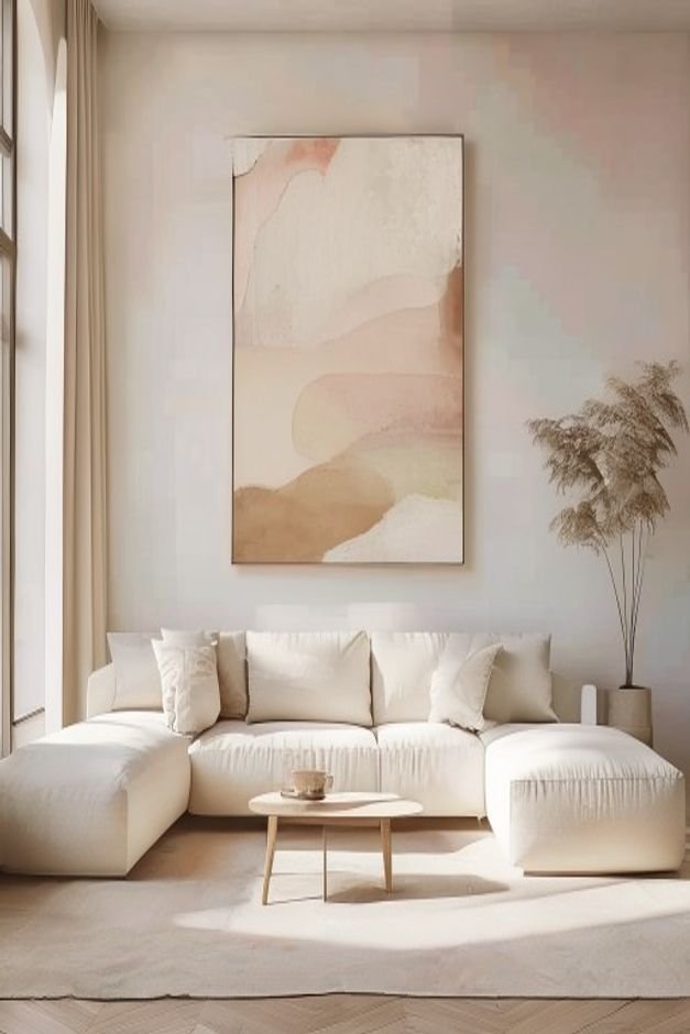 A minimalist living room featuring a long light-colored sofa Above it a single oversized abstract art piece in muted ton