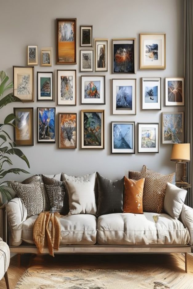 A meticulously arranged gallery wall above a sofa showcasing various sizes of framed art photographs and small decorativ