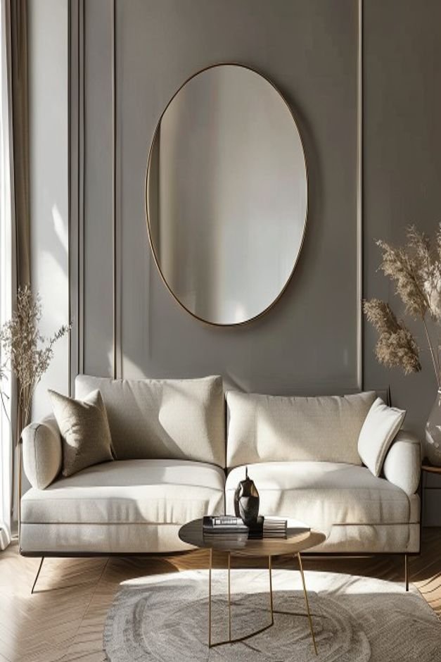 A modern living room with a sleek low-profile sofa Above the sofa a large round decorative mirror with a thin brass fram