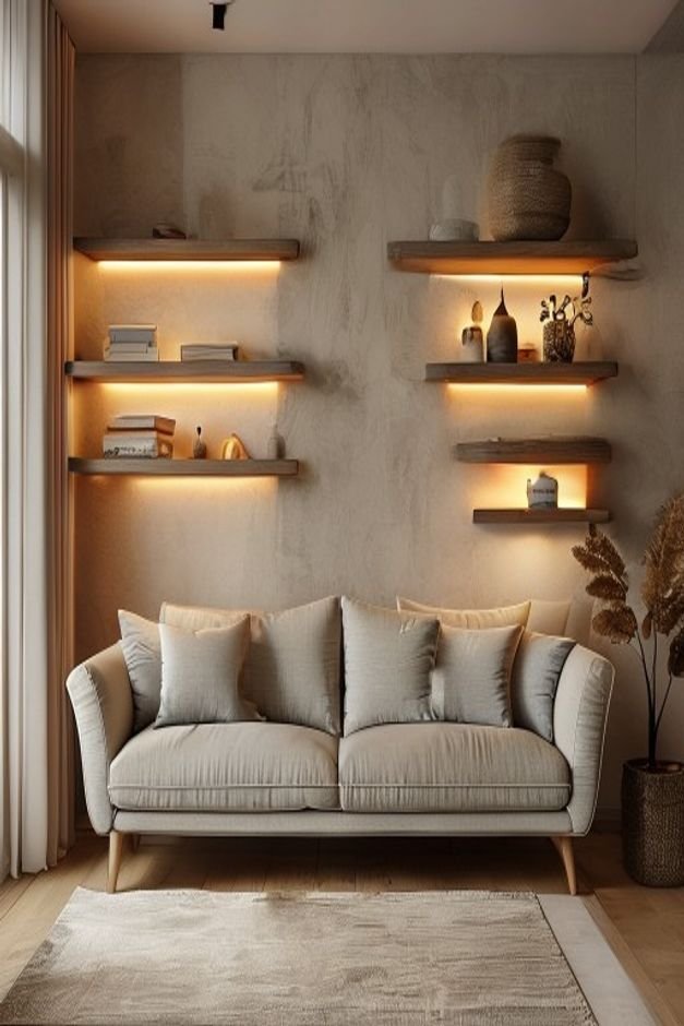 A cozy living area featuring a sofa flanked by two narrow floating shelves installed with heavy-duty adhesive strips Eac