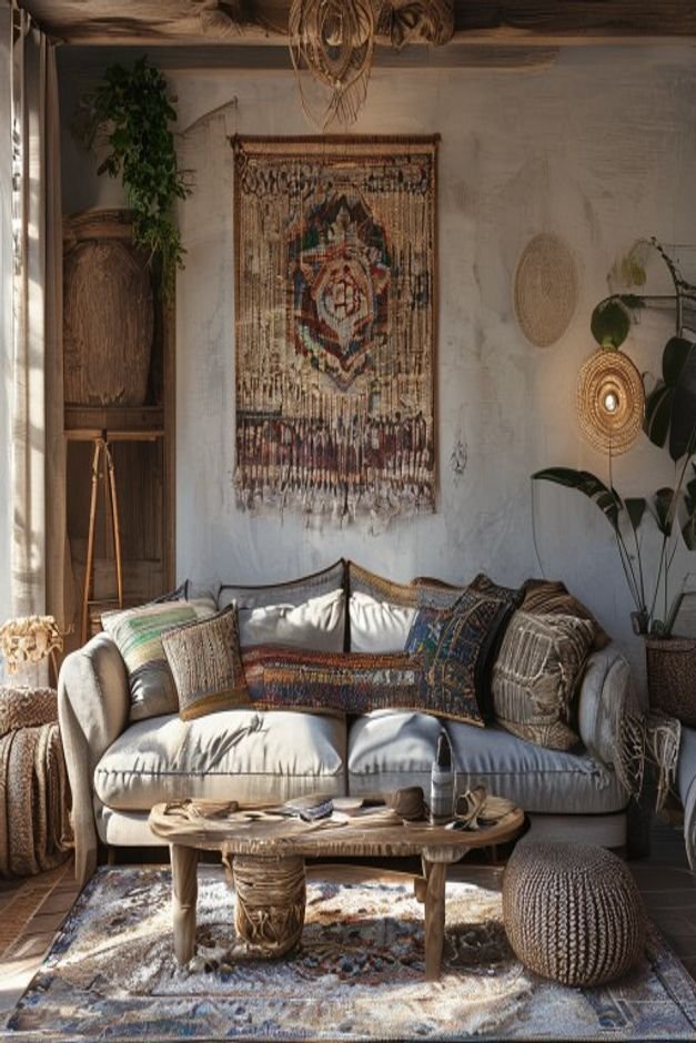 A bohemian-inspired living room with a comfortable deep-seated sofa Above it a large intricately woven macrame tapestry