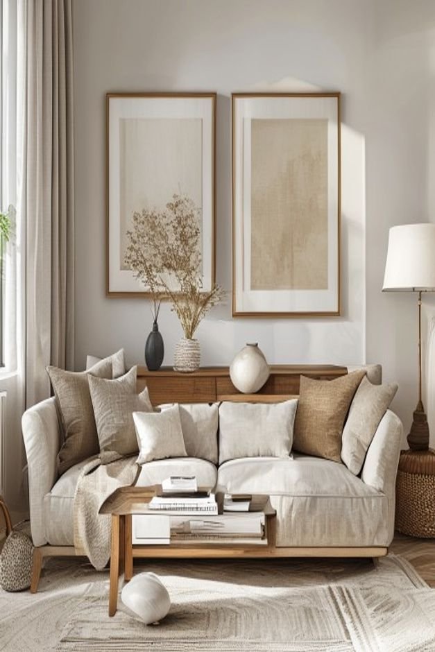 A chic living room setting with a linen sofa Behind it a low wide console table holds two large framed art prints that a