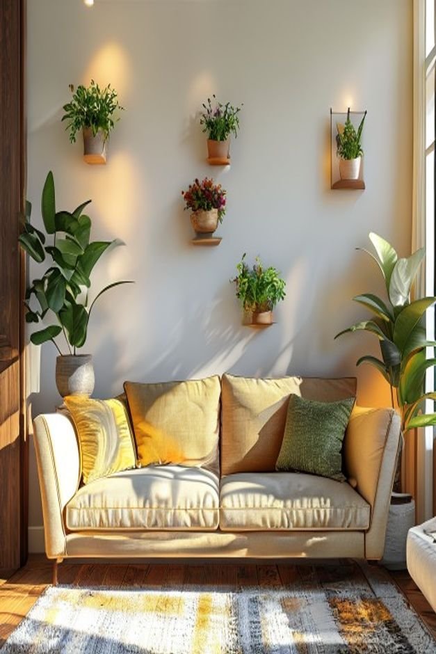 A vibrant living room with a comfortable fabric sofa Above the sofa a series of three small wall-mounted planters secure