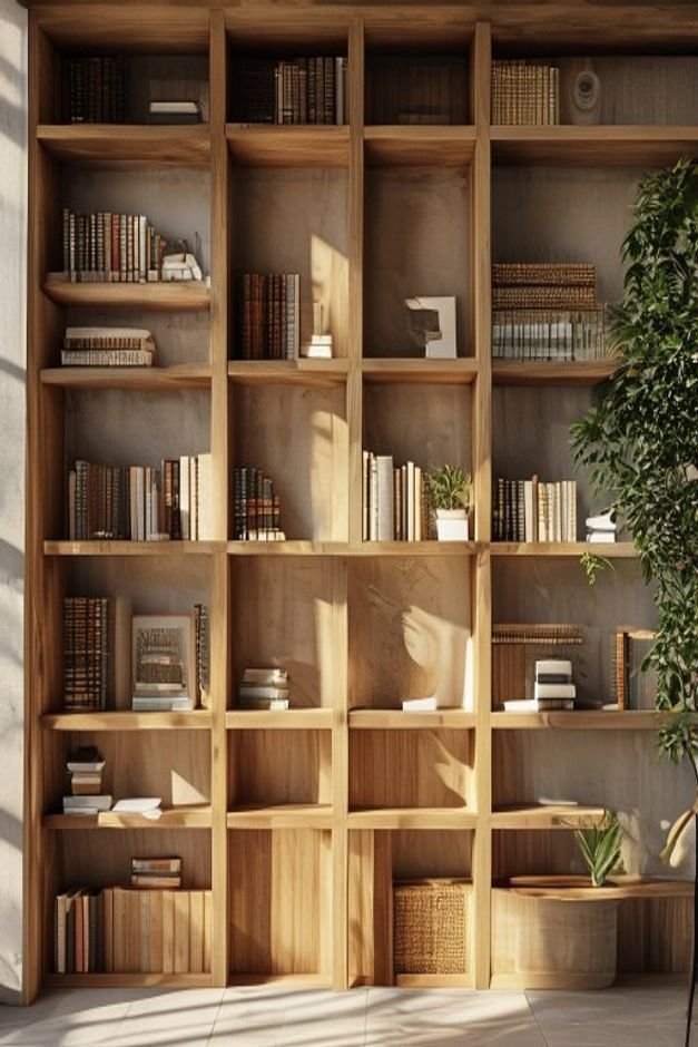 Editorial home photo for Architectural Bookshelves as Frames, natural light, realistic styling, no text overlay