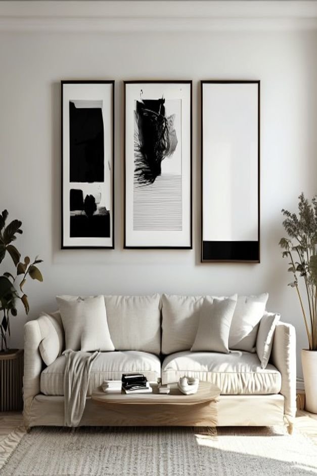 A symmetrical gallery wall above a classic linen sofa featuring a mix of black and white photography and line art in var