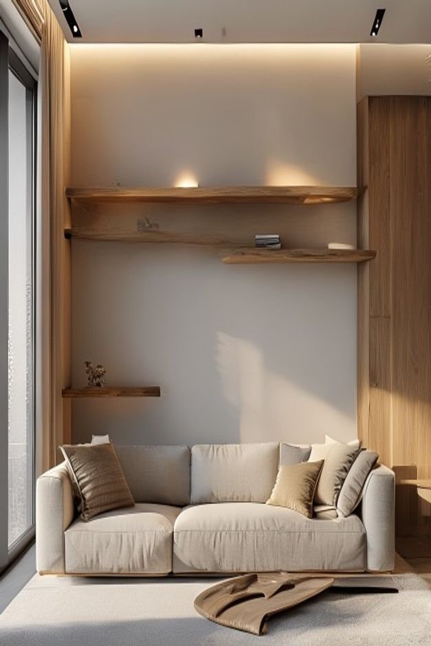 A contemporary living room showing a custom-built shallow wall shelf integrated into the wall above a low-profile sofa T