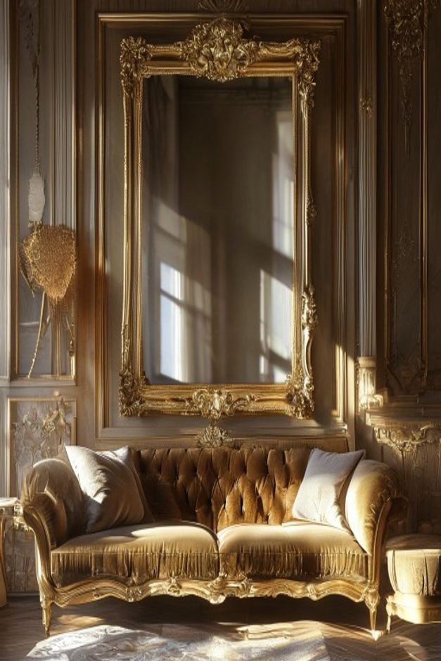 A large ornate gold-framed mirror positioned horizontally above a velvet sofa The mirror reflects a well-lit window and