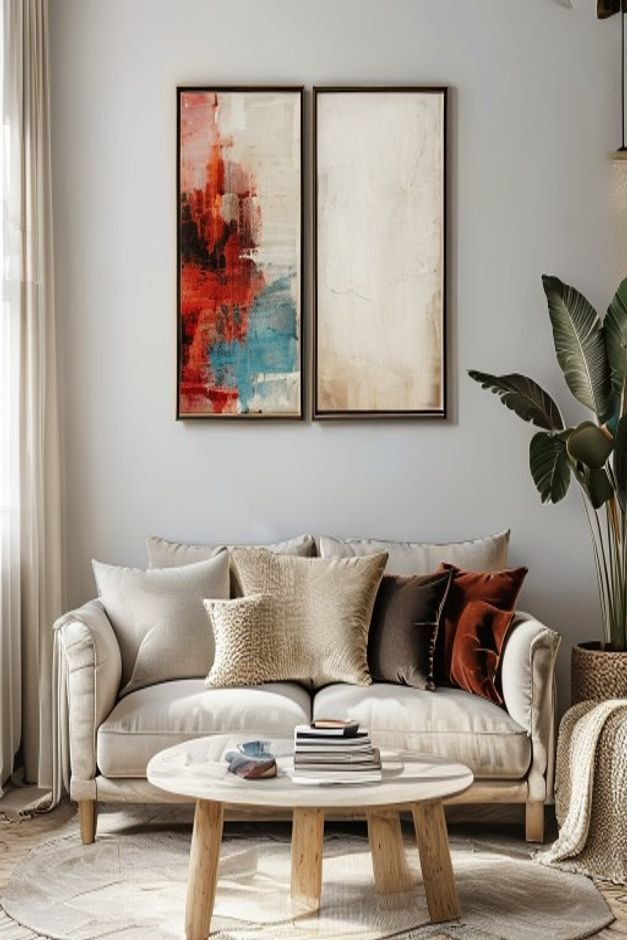 A stylish living room corner with a sofa featuring two pieces of art layered a larger framed canvas leaning against the