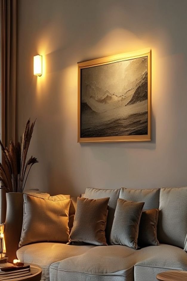 A close-up of a wall-mounted picture light illuminating a large piece of art above a comfortable sofa The light casts a