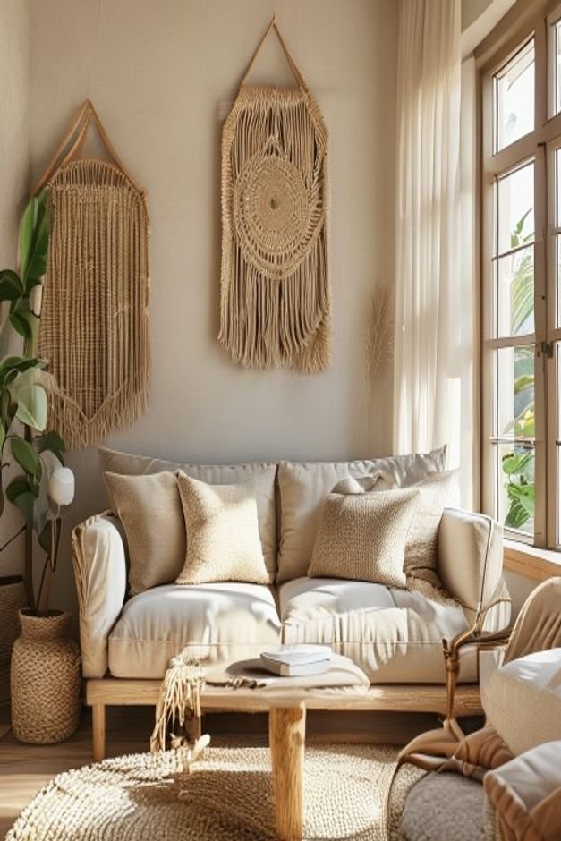 A cozy living room scene with a woven macrame wall hanging centered above a natural fiber sofa Adjacent to it a small ha