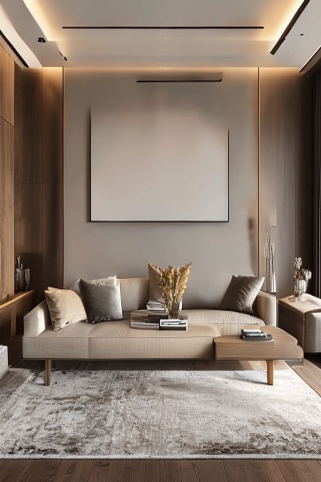 A sophisticated living room with a long low console table placed directly behind a sofa against the wall On the console