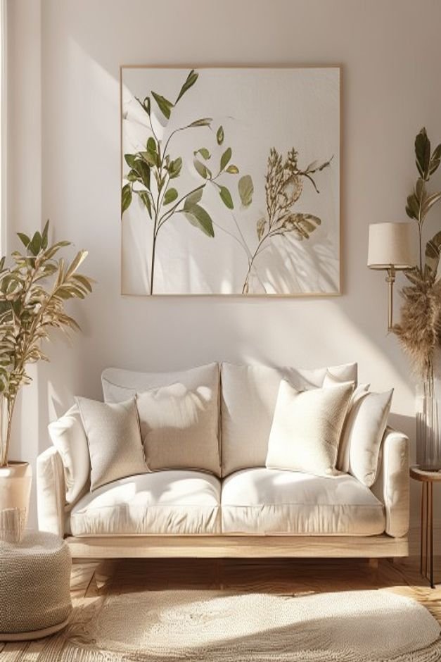Editorial home photo for A Finished Look for Your Above Sofa Wall Decor, natural light, realistic styling, no text overlay