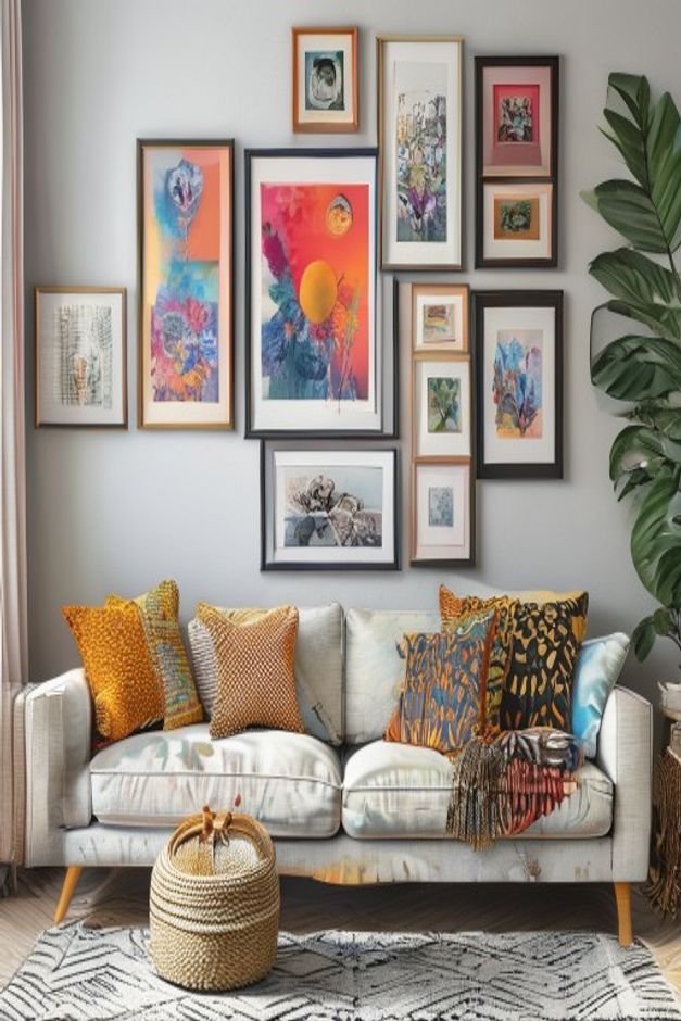 A vibrant curated gallery wall above a sofa featuring an eclectic mix of framed prints photographs and small decorative