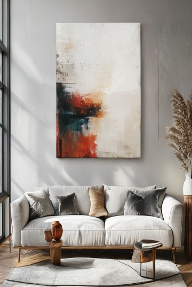 A large single piece of contemporary canvas art dominating the wall space above a mid-century modern sofa The artwork fe