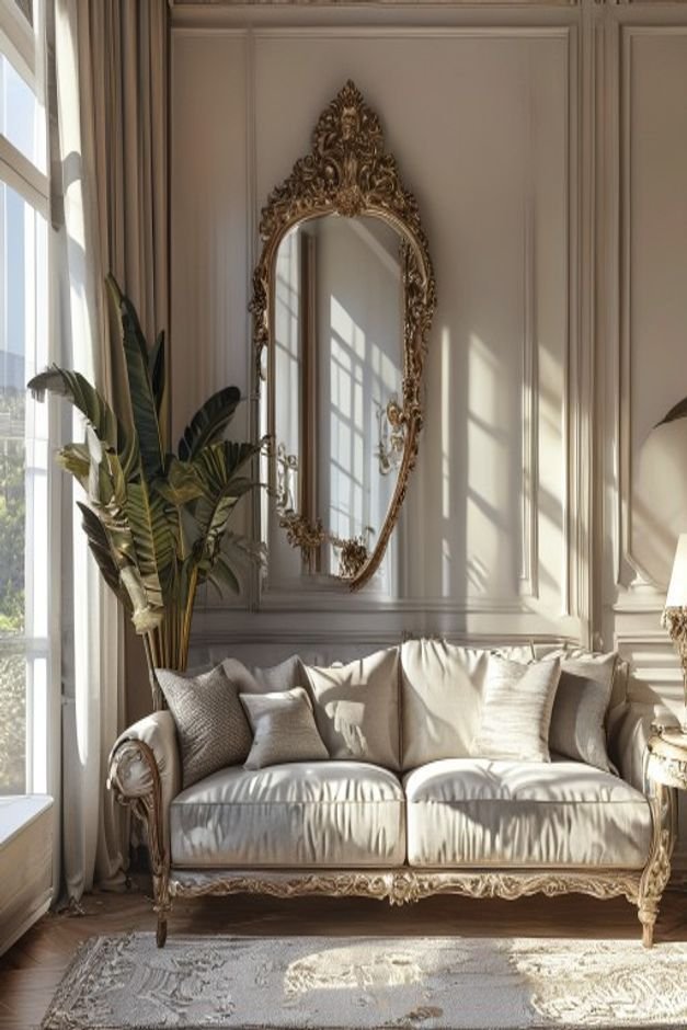 An elegant living room corner featuring a large ornate mirror positioned above a sofa reflecting a bright window and par