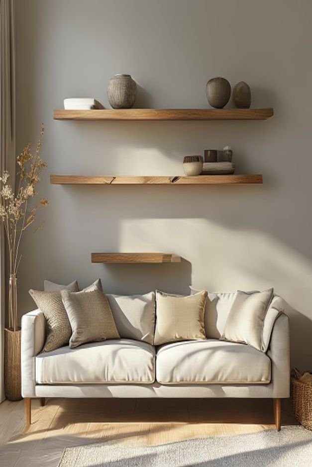 A set of three narrow floating shelves artfully arranged above a linen-covered sofa The shelves display a mix of small p