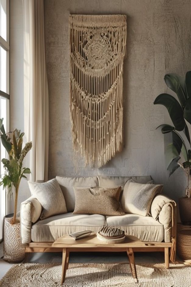 A cozy living room featuring a large hand-woven macrame wall hanging above a comfortable upholstered sofa The macrame pi