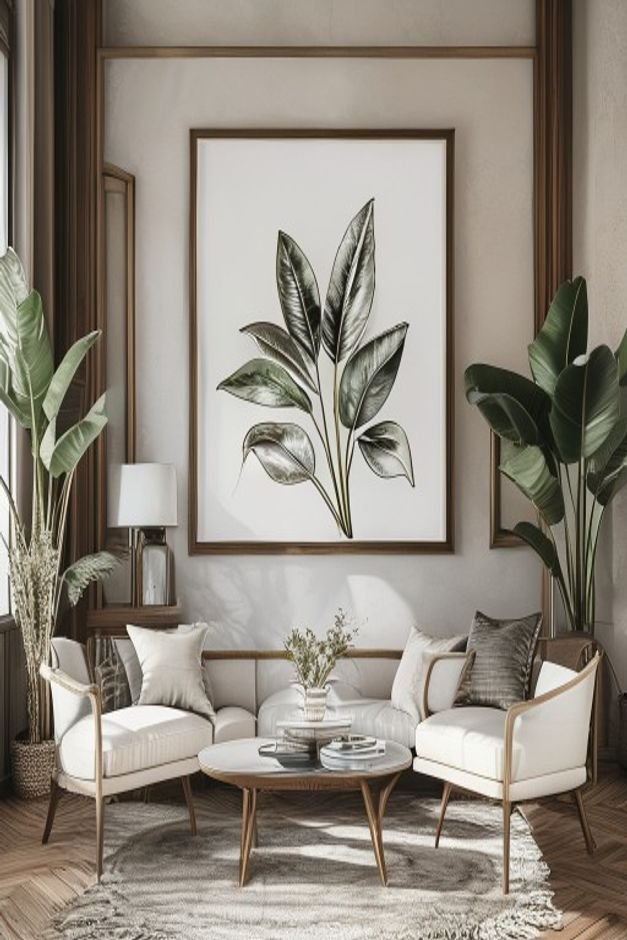 A perfectly symmetrical arrangement of two identical framed botanical prints flanking a central larger piece of art or a