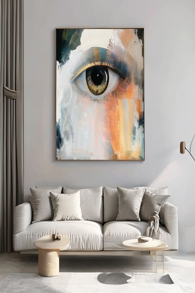 A close-up eye-level shot of a large commanding piece of abstract art centered above a minimalist light grey sofa The ar