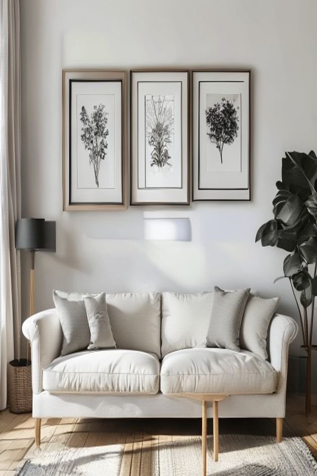 A symmetrical gallery wall above a classic linen sofa featuring a mix of black and white photography and line art in var