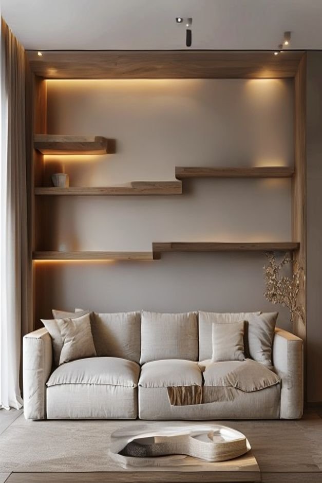 A contemporary living room showing a custom-built shallow wall shelf integrated into the wall above a low-profile sofa T