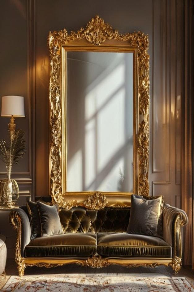 A large ornate gold-framed mirror positioned horizontally above a velvet sofa The mirror reflects a well-lit window and