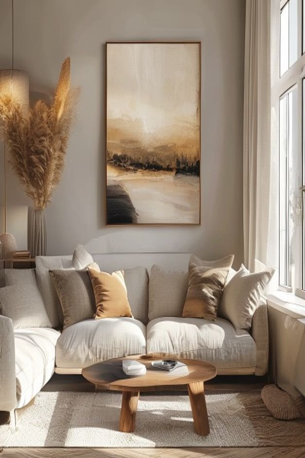 A stylish living room corner with a sofa featuring two pieces of art layered a larger framed canvas leaning against the