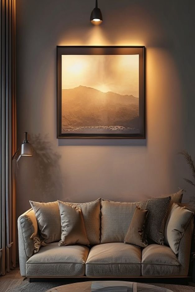 A close-up of a wall-mounted picture light illuminating a large piece of art above a comfortable sofa The light casts a