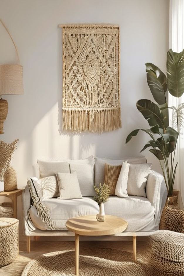 A cozy living room scene with a woven macrame wall hanging centered above a natural fiber sofa Adjacent to it a small ha