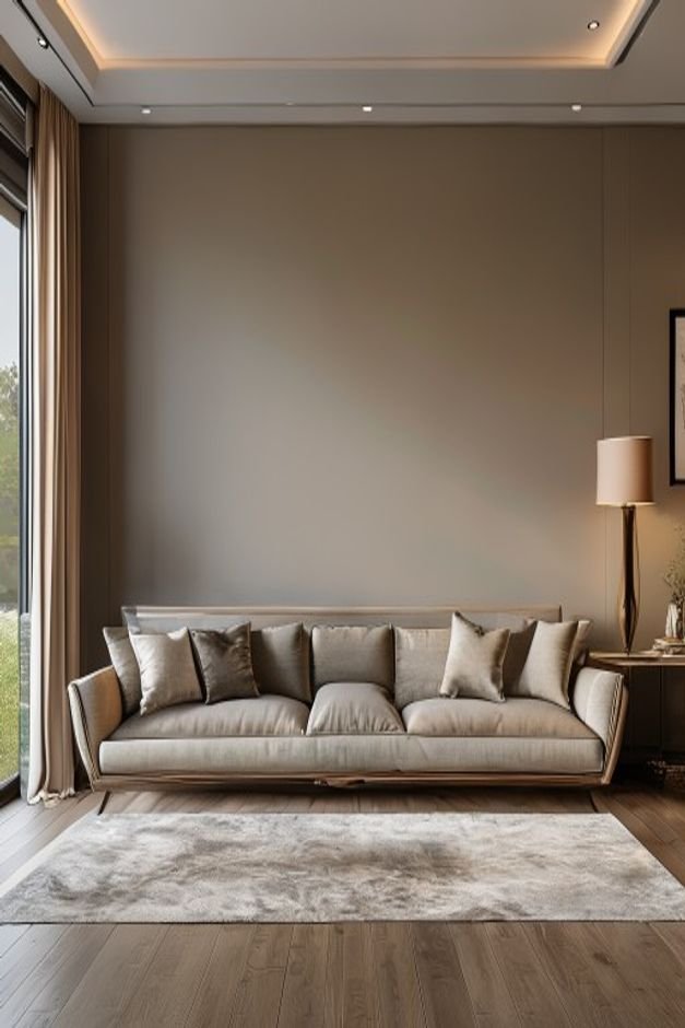 A sophisticated living room with a long low console table placed directly behind a sofa against the wall On the console