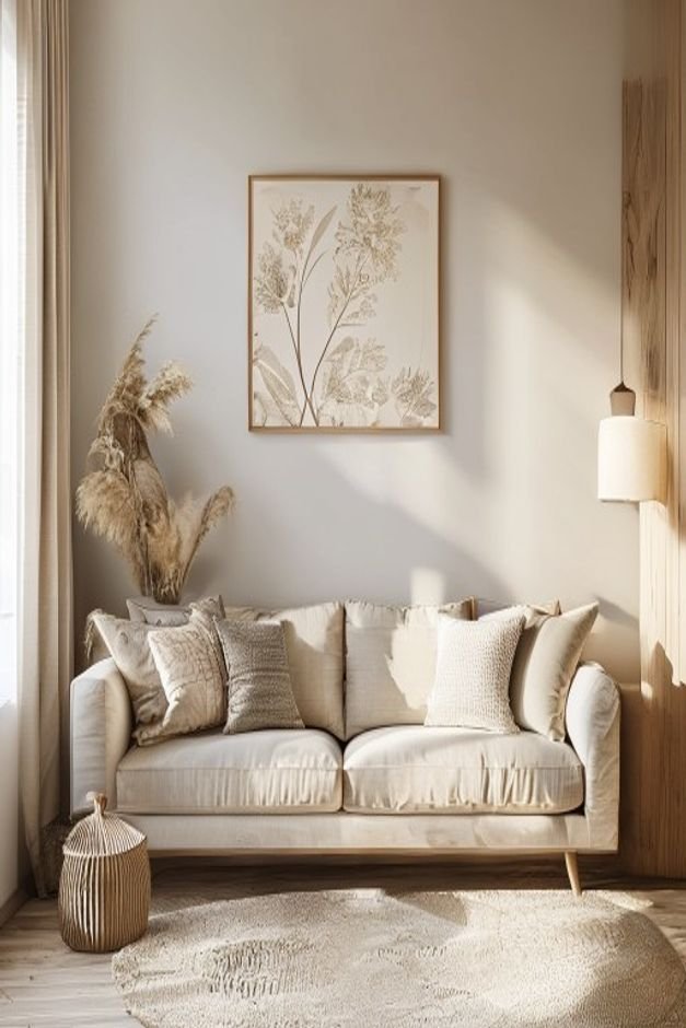 Editorial home photo for A Finished Look for Your Above Sofa Wall Decor, natural light, realistic styling, no text overlay
