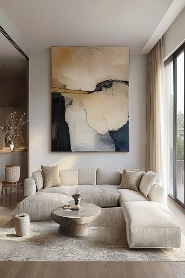 A wide-angle shot of a modern living room with a long low-profile sofa Above it a single oversized piece of abstract art