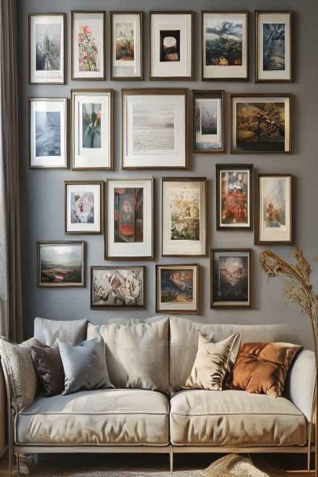 A close-up shot of a perfectly centered gallery wall above a sofa The collection of framed prints and photographs is arr