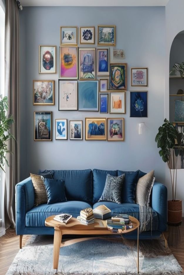 An inviting living room scene Above a plush deep blue sofa a well-curated gallery wall features an eclectic mix of art p