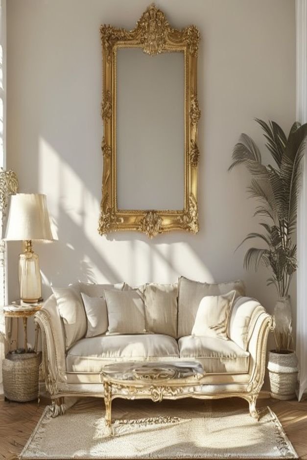 A bright and airy living room A large ornate gold-framed mirror is positioned centrally above a classic linen sofa refle